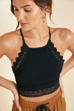 B1023 Black Womens Crochet Back Strap Halter Bralette Front