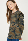 G10008-CAMO Camo Ruffle Long Sleeve Top Front