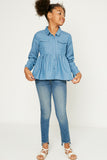 G10022-LIGHT DENIM Denim Peplum Long Sleeve Shirt Full Body