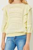 G11073-LEMON Ruffle Smock Waist Lace Top Front Detail