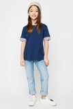 G2028 Navy Girls Plaid Trimmed T-Shirt Pose