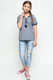 G3325 Dark Denim Girls Woven Tunic Top Full Body 2