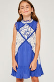 G3534 Cobalt Blue Girls Ruffle Lace Swing Dress Front