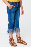 G3544 Mid Denim Girls Frayed Denim Pants Side