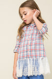 G3549 Blue Red Mint Girls Lace Trim Button Up Shirt Pose