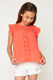 G3577 TOMATO Crochet Flutter Sleeve Top Front