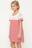 G3612 Red Girls Stripe Lace A-Line Tee Front