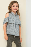 G3676 Blue Ruffled Plaid Shirt Pose