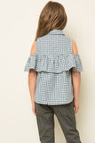 G3676 Blue Ruffled Plaid Shirt Back