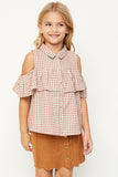 G3676 Camel Ruffled Plaid Shirt Front