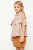 G3676 Camel Ruffled Plaid Shirt Pose