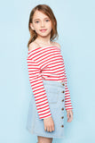 G3906 Red Girls Off The Shoulder Striped Long Sleeve Side