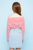 G3906 Red Girls Off The Shoulder Striped Long Sleeve Back