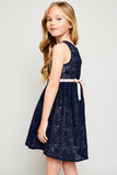 G4152 Navy Girls Bow Tie Eyelet Dress Pose