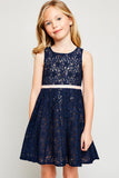 G4152 Navy Girls Bow Tie Eyelet Dress Full Body