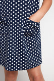 G4205 NAVY Polka-Dot Mini Shift Dress Sitting