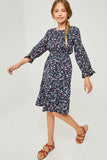 G4259 NAVY Floral Ruffle Fit & Flare Midi Dress Front