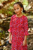 G4259 RED Girls Floral Ruffle Fit and Flare Midi Dress Front