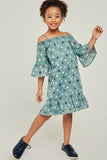 G4262-SAGE Printed Cold Shoulder Mini Ruffle Dress Front