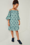 G4262-SAGE Printed Cold Shoulder Mini Ruffle Dress Alternate Angle