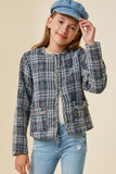 G4281-BLUE MIX Tweed Square Pocket Jacket Front