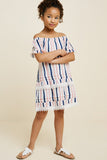 G4329 Off White Girls Striped Off-Shoulder Crochet Lace Dress Full Body