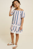 G4329 Off White Girls Striped Off-Shoulder Crochet Lace Dress Pose