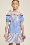 G4360-BLUE MIX Stripe Cold Shoulder Tie-Strap Mini Dress Front