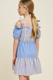 G4360-BLUE MIX Stripe Cold Shoulder Tie-Strap Mini Dress Back