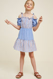 G4360-BLUE MIX Stripe Cold Shoulder Tie-Strap Mini Dress Alternate Angle