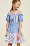 G4360-BLUE MIX Stripe Cold Shoulder Tie-Strap Mini Dress Alternate Angle