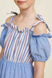 G4360-BLUE MIX Stripe Cold Shoulder Tie-Strap Mini Dress Front Detail