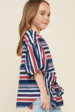 G4383-BLUE MIX Striped Bubble Sleeve Tie-Front Top Alternate Angle