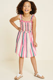 G4452-PINK MIX Stripe Smocked Ruffle Midi Dress Alternate Angle