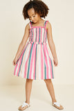 G4452-PINK MIX Stripe Smocked Ruffle Midi Dress Alternate Angle