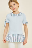 G4462-POWDER BLUE Stripe Ruffle Tie-Sleeve Top Front