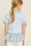 G4462-POWDER BLUE Stripe Ruffle Tie-Sleeve Top Back