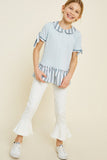 G4462-POWDER BLUE Stripe Ruffle Tie-Sleeve Top Alternate Angle