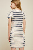 G4489 Oatmeal Striped Corset Lace-Up Mini T-Shirt Dress Front Back