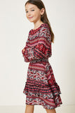 G4617-ROSE MIX Printed Ruffle Midi Smock Dress Alternate Angle