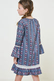 G4625-NAVY MIX Tribal Bell Sleeve Mini Dress Back