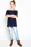 G5041 Navy Girls Eyelet Off The Shoulder Top Pose