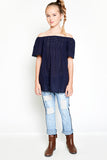 G5041 Navy Girls Eyelet Off The Shoulder Top Full Body