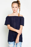 G5041 Navy Girls Eyelet Off The Shoulder Top Front