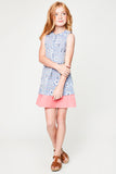 G5085 Blue Girls Embroidered Sleeveless Dress Full Body