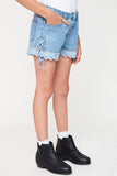 G5458 Lt Denim Girls Lace Trim Lace Up Denim Shorts Side