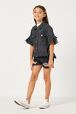 G5588 BLACK DENIM Girls Ruffle Stone Wash Denim Jacket Full Body