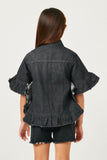 G5588 BLACK DENIM Girls Ruffle Stone Wash Denim Jacket Back