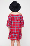 G5608 RED Off Shoulder Plaid Ruffle Dress Back