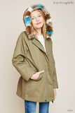 G5662 OLIVE Faux Fur Trim Hooded Jacket Front